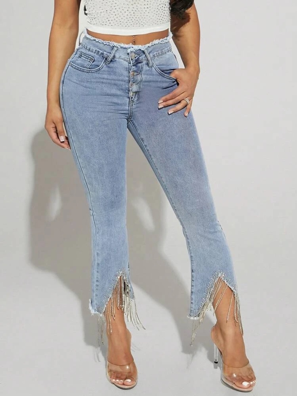 High Rise Rhinestones Fringe Jeans - Picture 4 of 6